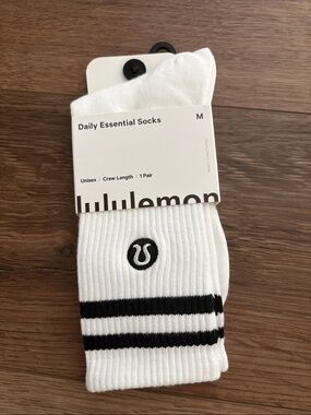 lululemon athletica White Crew Socks with Black Stripes and Logo